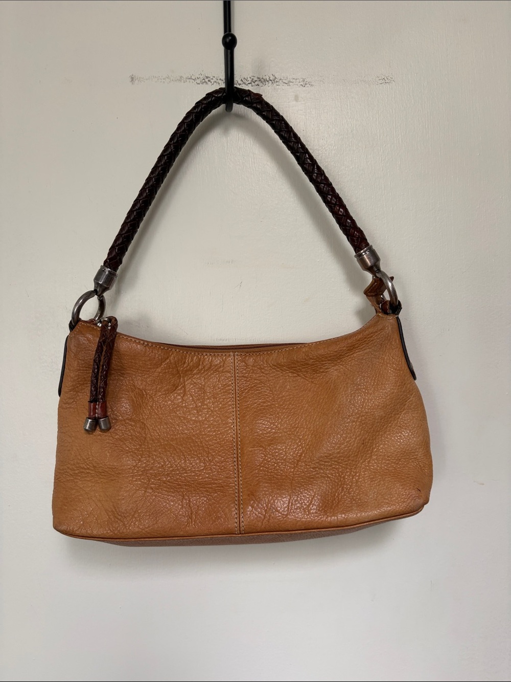 Fossil Tan Leather Shoulder Bag with Braided Dark Brown Strap